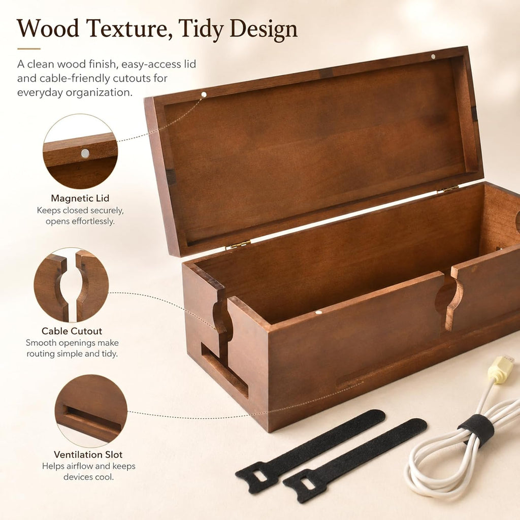 Wood Cable Management Box for Power Strip, Solid Wood Cord Organizer Box with Lid, Wire Storage Box for Desk, Living Room, Office and Media Setup