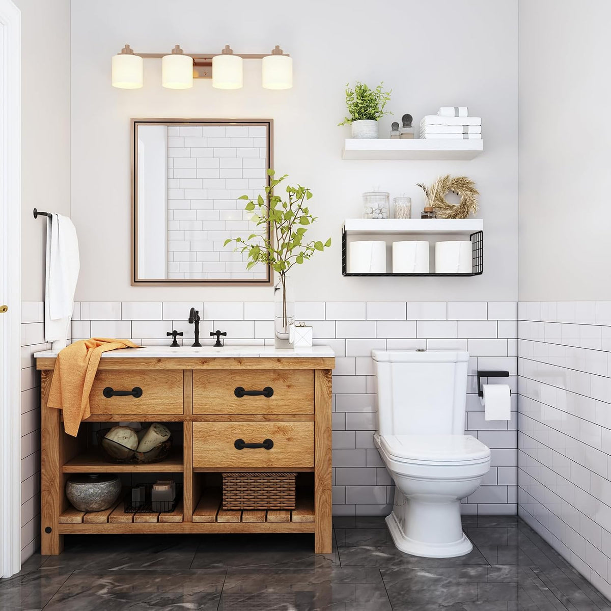 QEEIG Bathroom Shelves Over Toilet Wall (White and Black, Set of 2, 15.7")