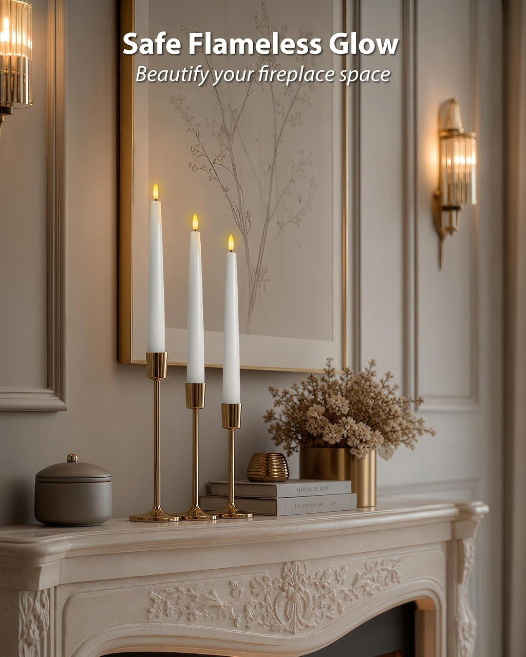 Homemory 9.6 Inches Waxy Flameless Taper Candles with Remote Timer Dimmer, Flickering LED Candlesticks, Battery Operated Window Candle for Christmas Wedding Decor, 6 Pcs White Classic Taper Candles