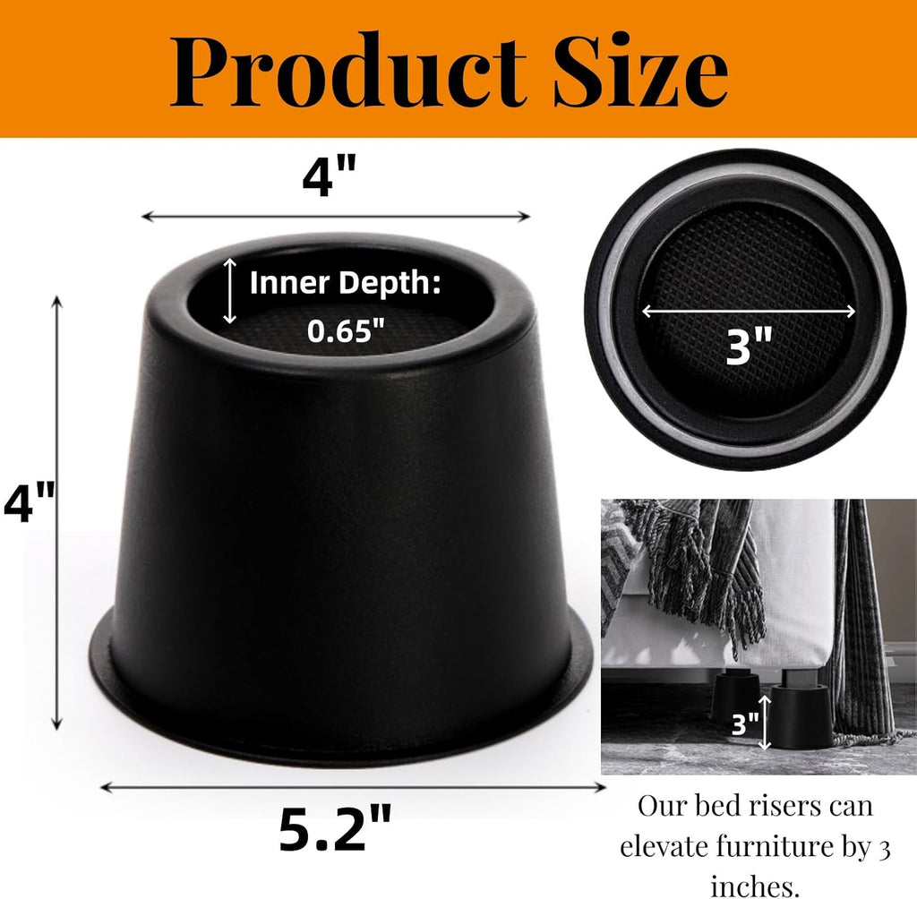 Noamus 6 Pack Round Bed Risers, 4 Inch Furniture Raising Blocks, Black Lifts with Non-Slip Foam Pads, Heavy Duty Dorm Bed Frame Extenders for Desk Chair, Table Legs, Sofa Couch