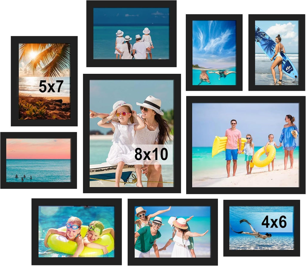 BESCRCL 10 Pack Picture Frames Collage Wall Decor, Gallery Wall Frame Set for Tabletop or Wall Mounting Display, Multi Size with Two 8x10, Four 5x7, and Four 4x6 Photo Frames, Black