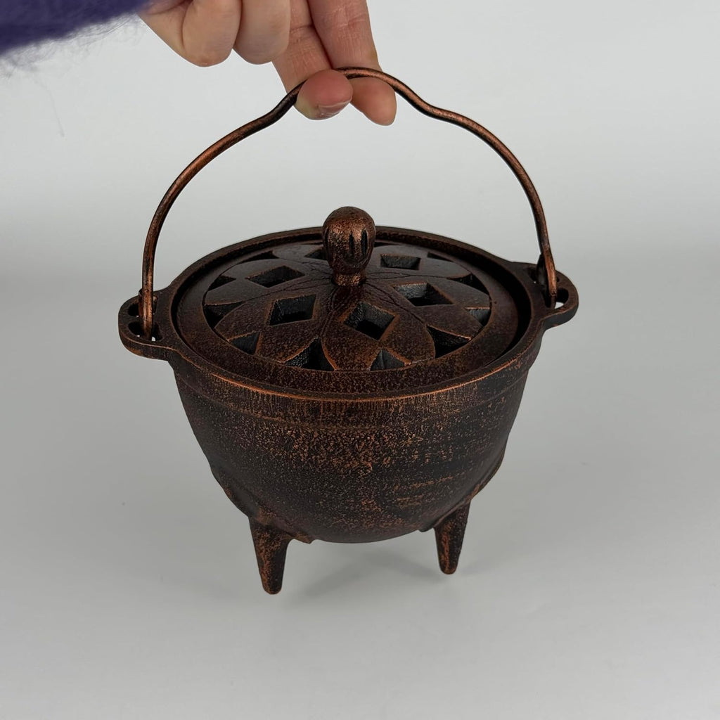 YIMIFLA Incense Burner Holder with Lid and Handle Cast Iron Cauldron 4.9" Frankincense Resin Charcoal Incense Burner Great for Yoga, Spa Aromatherapy, Smudging, Ritual & Blessings (Red Bronze)