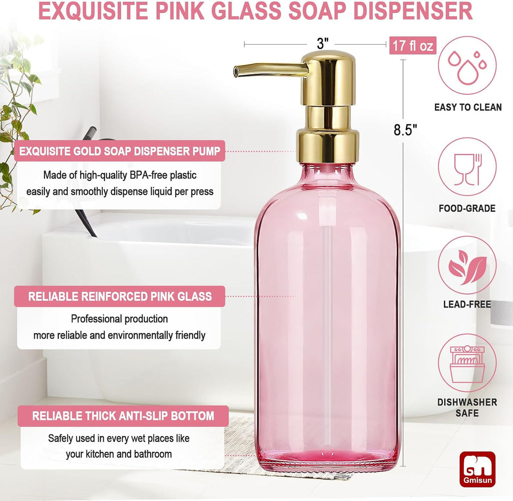 GMISUN Pink Soap Dispenser Bathroom, 1 Pack Glass Dish Soap Dispensers for Kitchen with Rustproof Plastic Gold Pump, 17 Fl Oz Bathroom Hand Soap Dispenser, Modern Liquid Dishwashing Dispensers Bottle