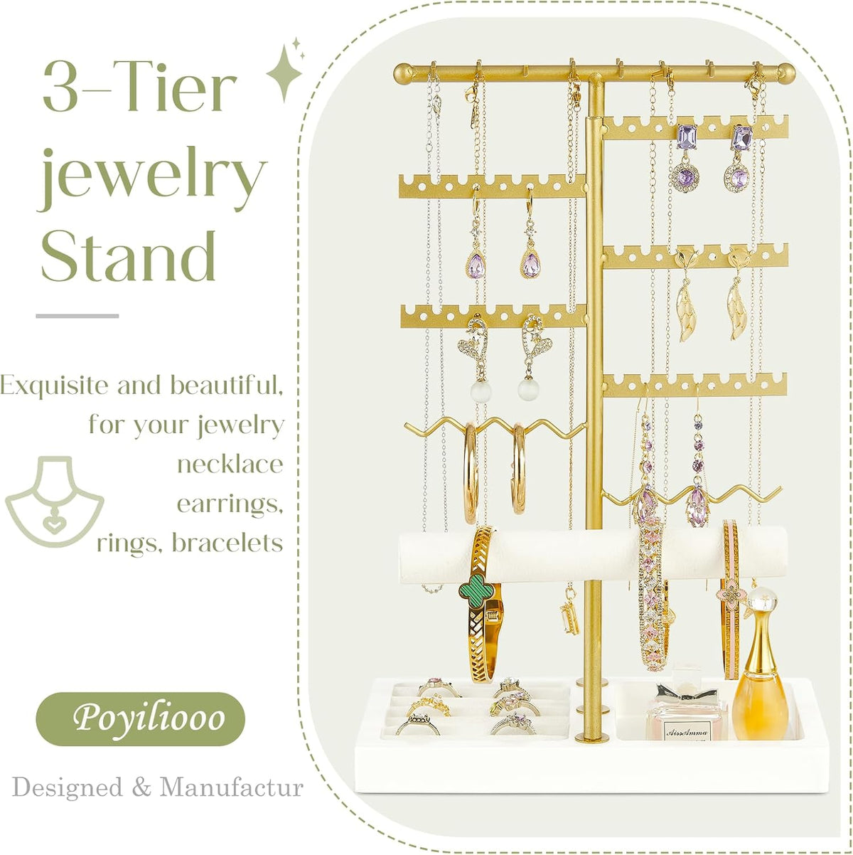 Poyilooo Earring Holder Jewelry Stand, 3 Tier Jewelry Organizer WhiteGold