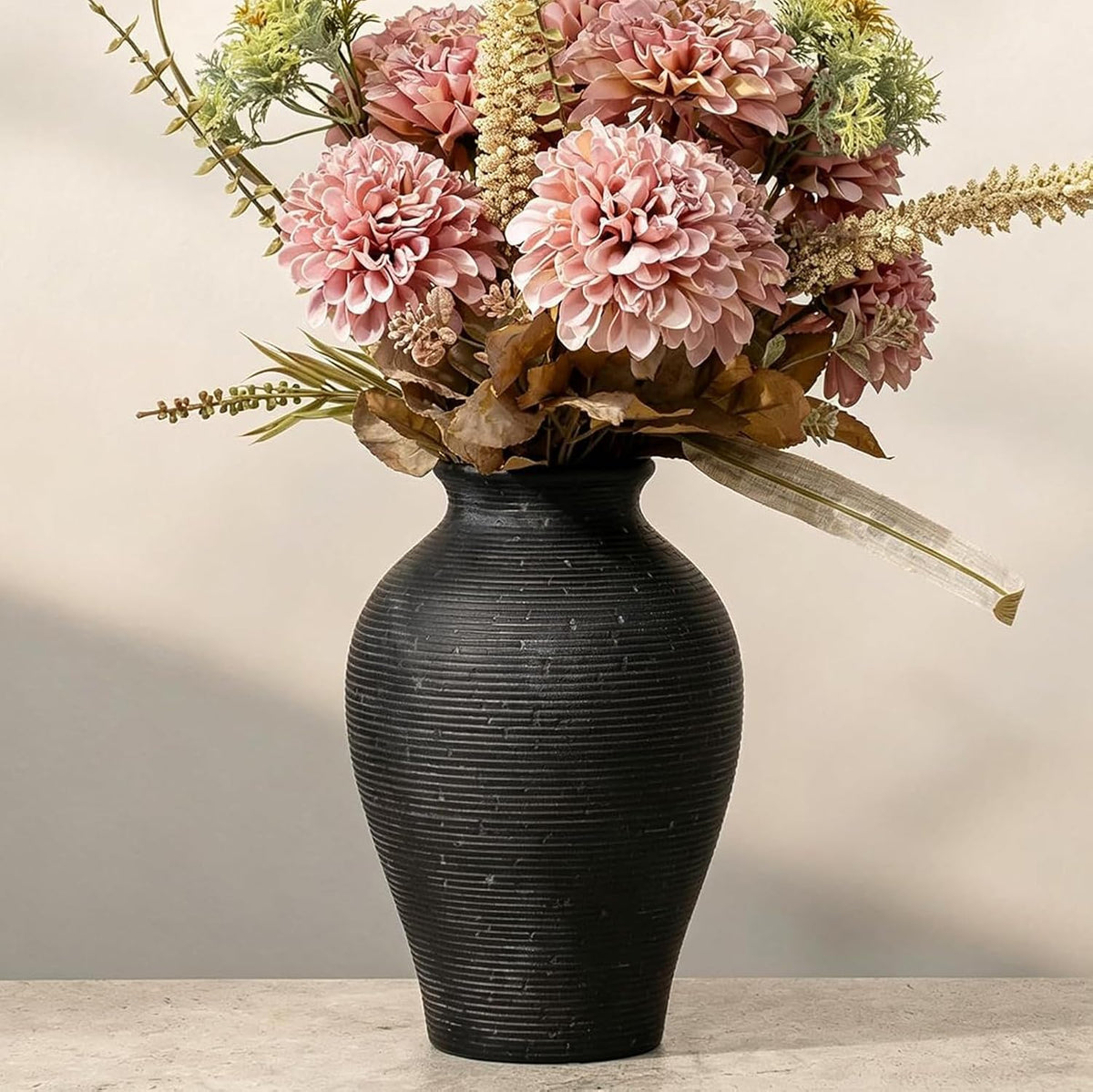 9.06 Inch Tall Vintage Ceramic Flower Vase, Rustic Farmhouse Vase for Home Decor, Distressed Decorative Terracotta Vase for Table Centerpiece Living Room Bathroom Bedroom (Black-9.06'')