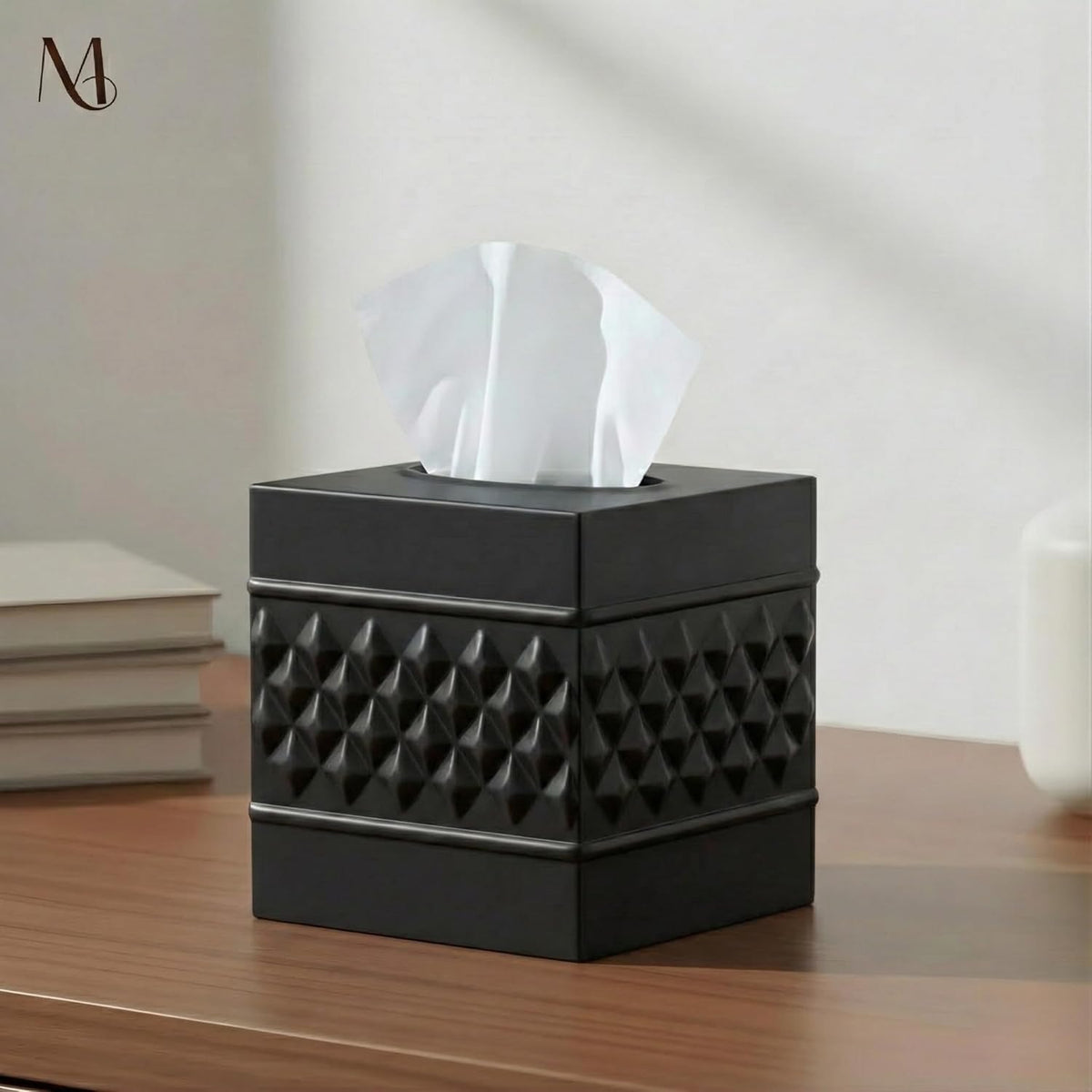 Monarch Abode Tissue Box Cover Square – Handcrafted Geo Embossed Black Metal Tissue Holder Box for Bathroom Accessory, Aesthetic Decorative Facial Napkin Cube for Modern Home Décor