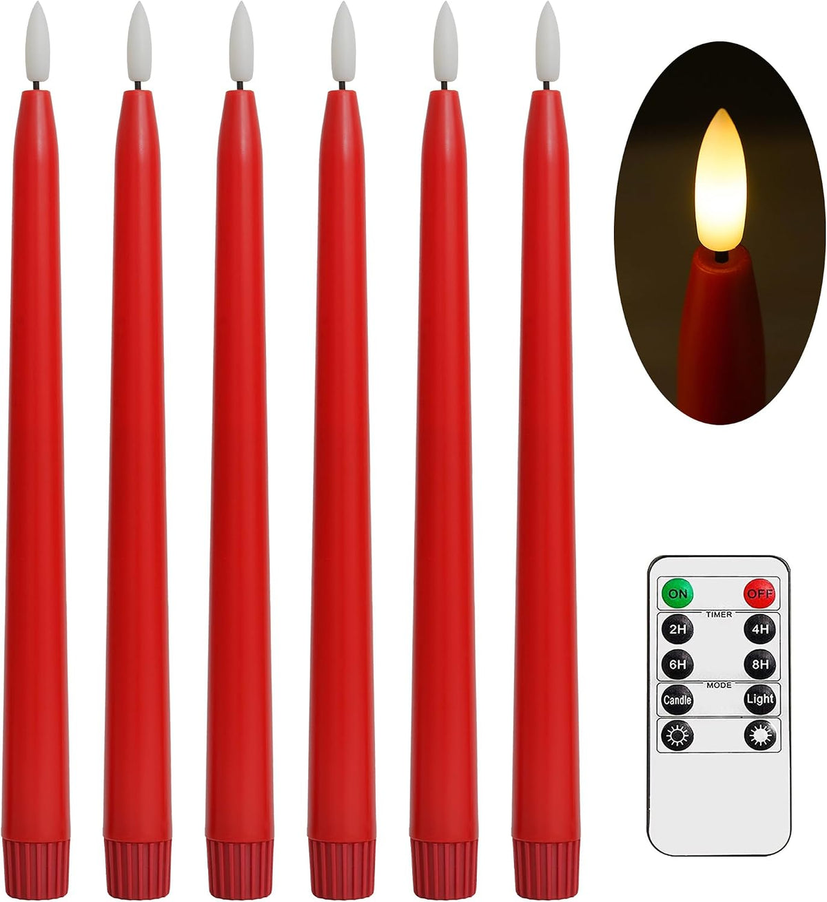 Stmarry Red Flameless Taper Candles with Remote Control - 11 Inch LED Candlesticks Battery Operated, Realistic 3D Flame with Wick, Timer, Christmas Decor - Set of 6