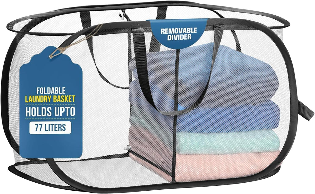 Foldable Laundry Basket - Popup and Collapsible, Durable Mesh Material, Folds for Storage, Easy Carry Handles - Great Hamper for College Dorm, Laundry Room or Travel (White-Black, 2-Compartments)