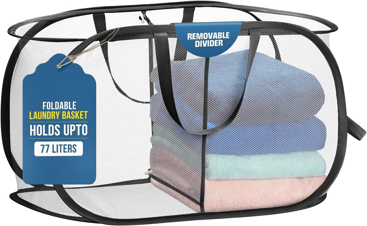 Foldable Laundry Basket - Popup and Collapsible, Durable Mesh Material, Folds for Storage, Easy Carry Handles - Great Hamper for College Dorm, Laundry Room or Travel (White-Black, 2-Compartments)