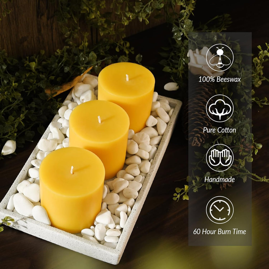 3x3 inch Natural Yellow Beeswax Pillar Candles - 3 Pack - Unscented
