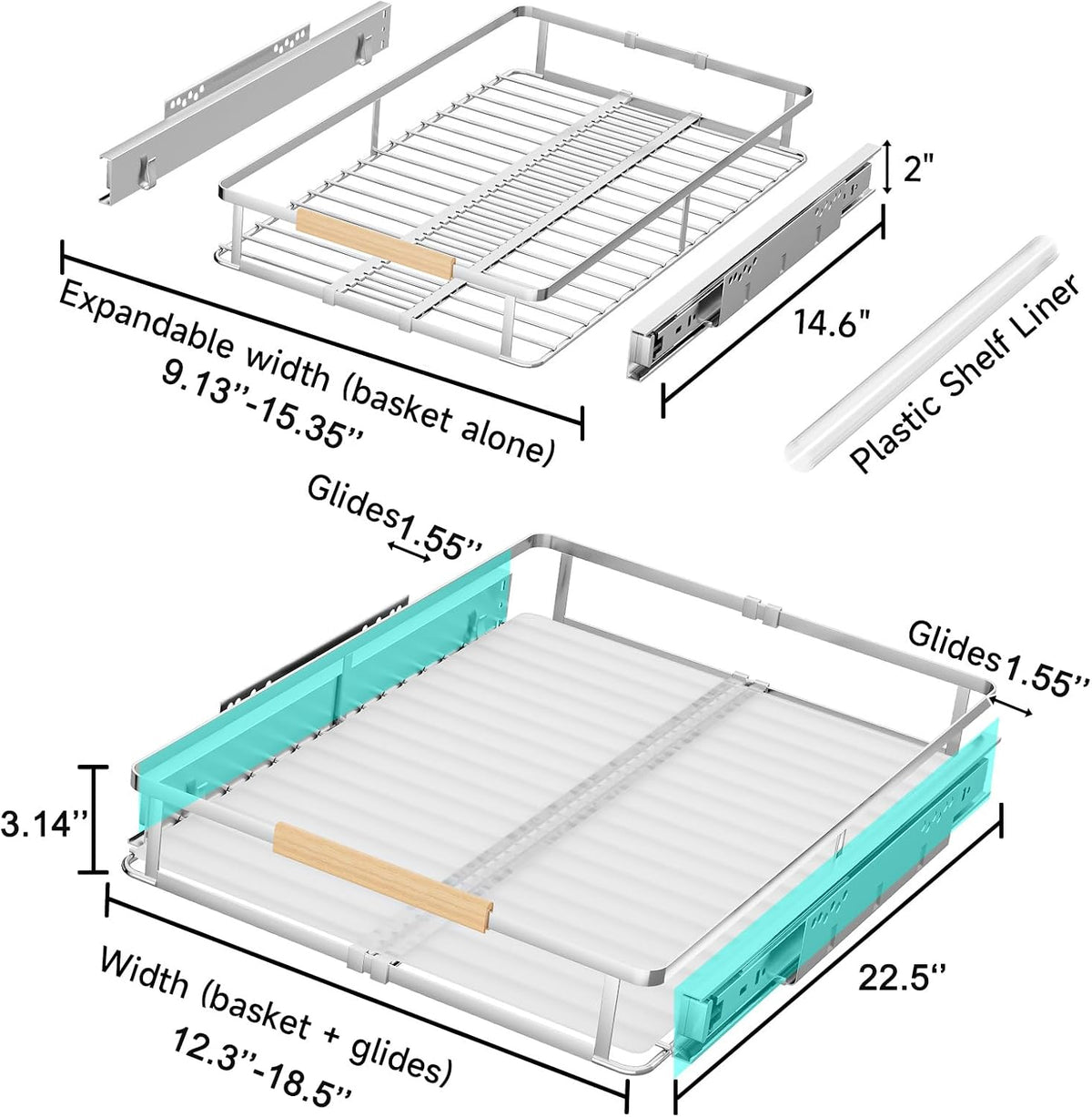 Expandable Pull Out Cabinet Organizer, 12.3"-18.5" W x 22.5''D
