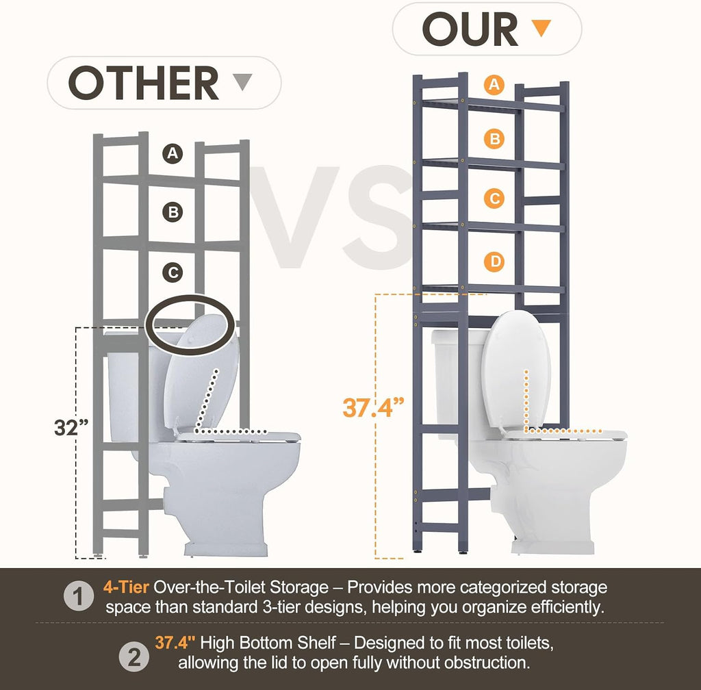 Homde Bathroom Over Toilet Storage Rack: Adjustable 4-Tier Bamboo (Grey)