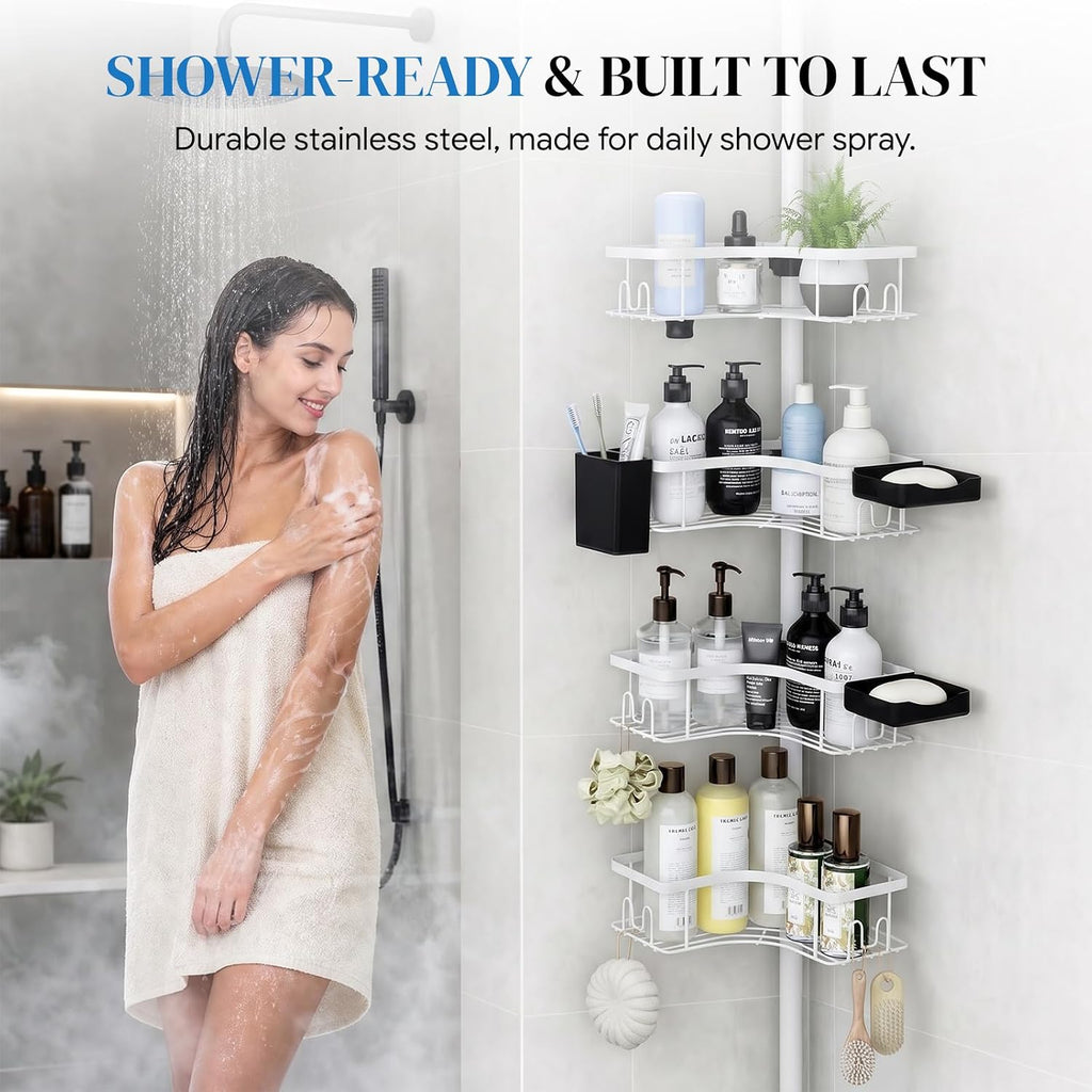 Corner Shower Caddy Tension Pole 4-Tier Rustproof Bathroom Organizer-White