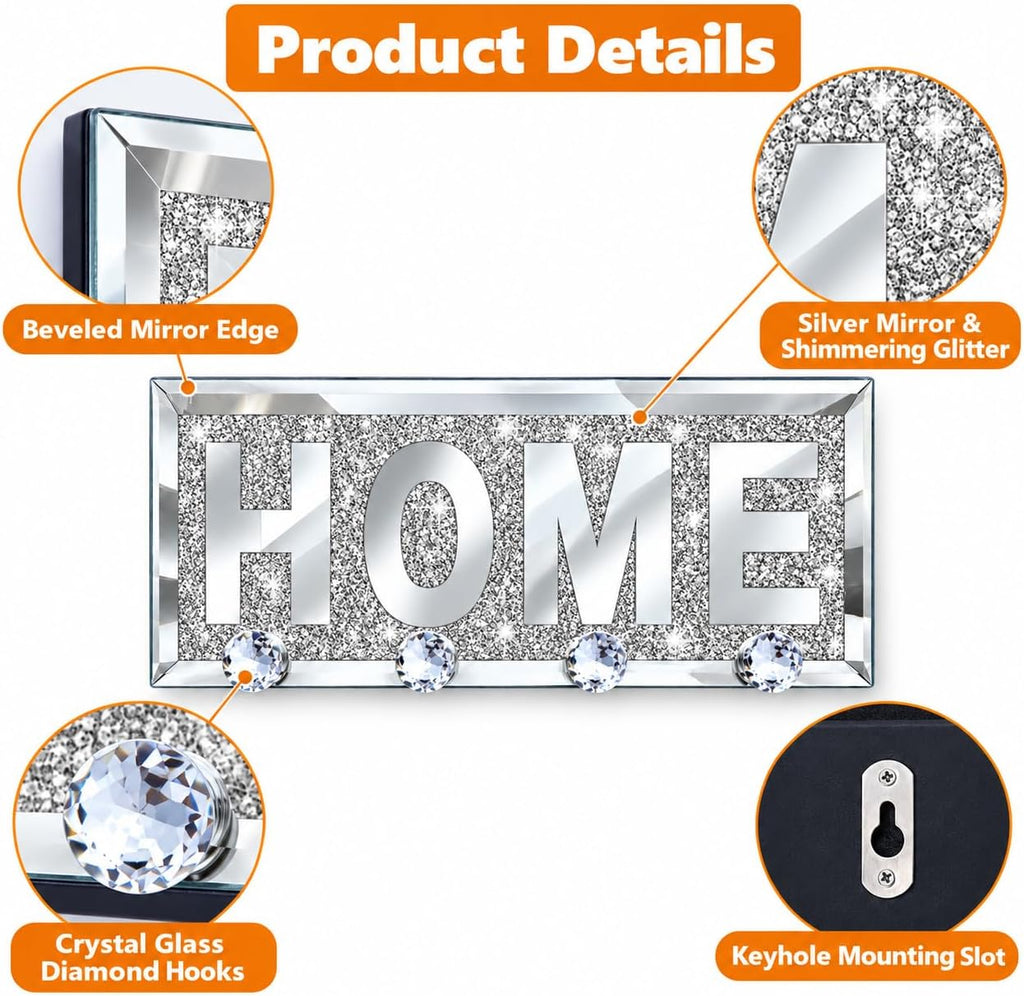 SHYFOY Mirrored Key Holder for Wall, Silver Home Sign with 4 Crystal Hooks