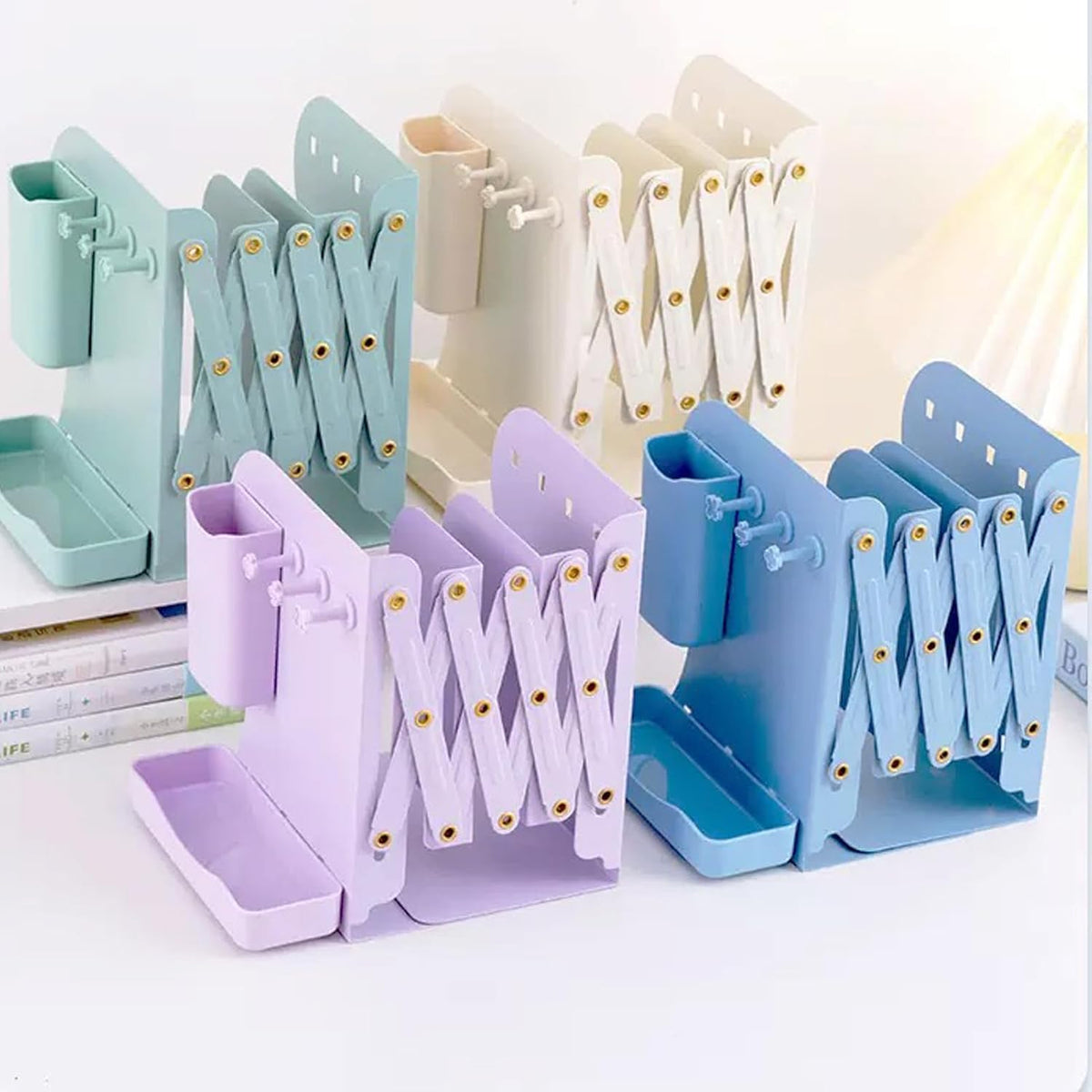 Adjustable Metal Bookends Heavy Duty for Shelves, 2 Dividers, Side Organzier, Anti-Slip Design Expandable Book Ends for Desk, Office(Green, 18 inches Max)