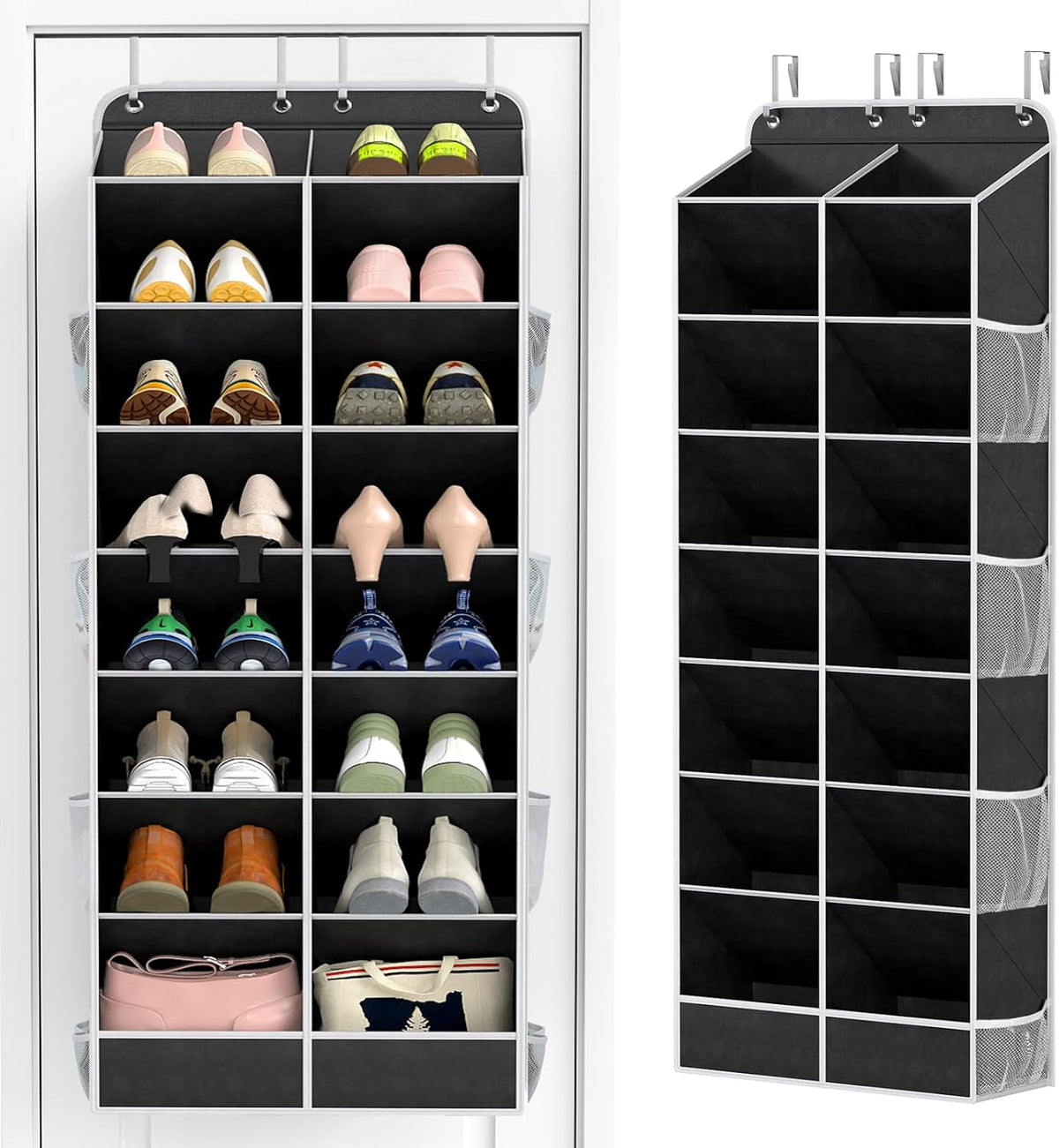 Yecaye 16-24 Pairs Over the Door Shoe Organizer, Large Capacity Hanging Shoe Rack for Door Hanger with Deep Pockets, 8 Tier Shoe Holder for Sneakers Boots Heels College Dorm Essentials, Black