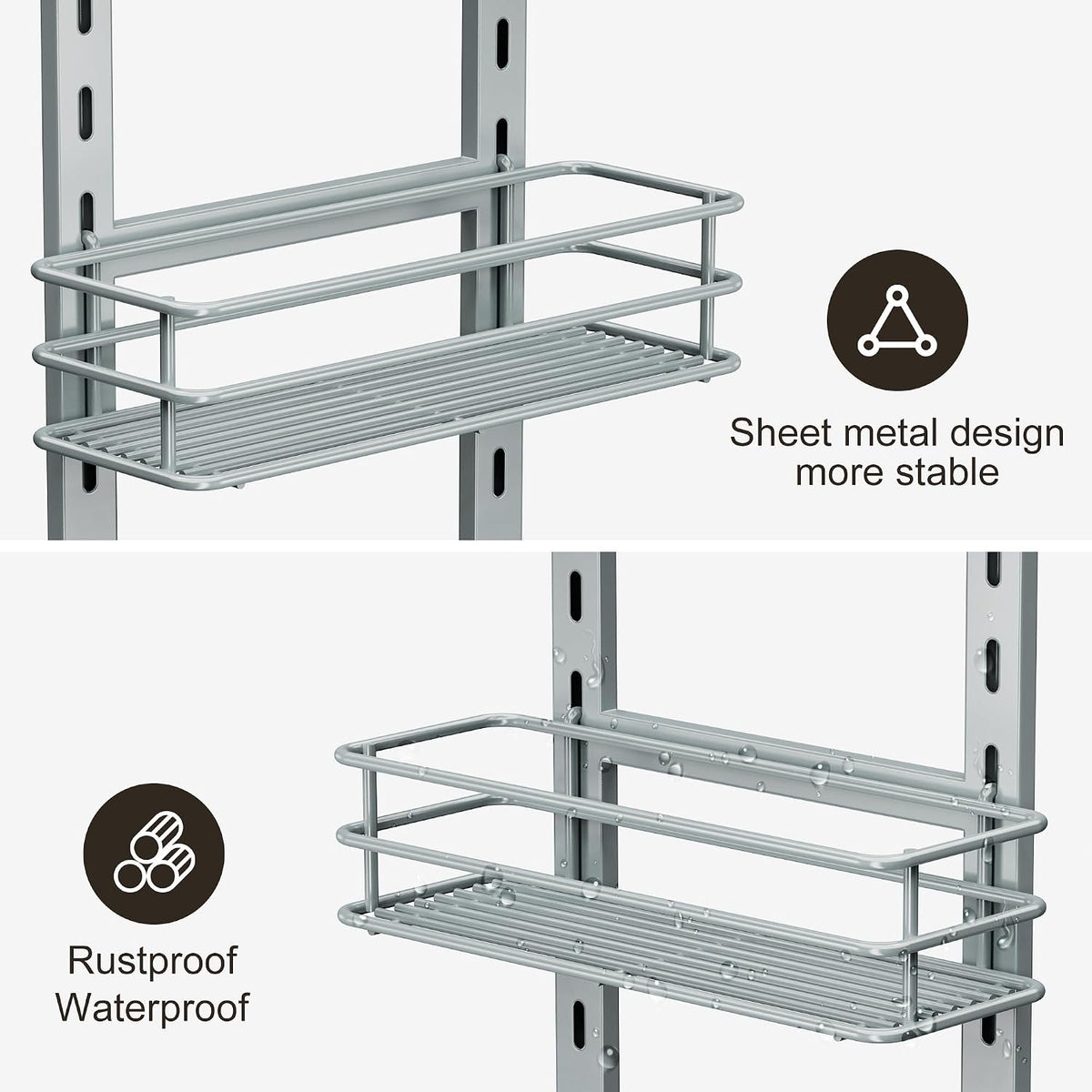 Orimade Adjustable Anti-slip Shower Caddy Overhead, Rustproof Hanging Shower Organizer With 2 Razor Hooks - No Drilling, 3-Tier Shelves, Silver Grey