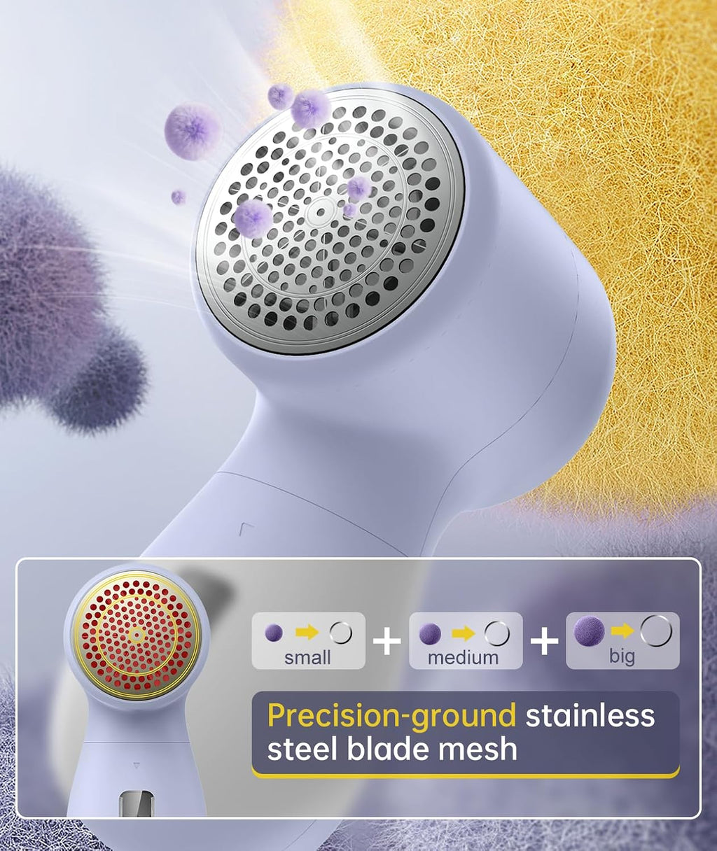 Rechargeable Fabric Shaver Lint Remover, Sweater Shaver with 3-Speed Control, LED Display Clothes Shaver, 6-Leaf Stainless Steel Blades, Suitable for Clothes, Sweater, Couch, Blanket, Wool (Purple)