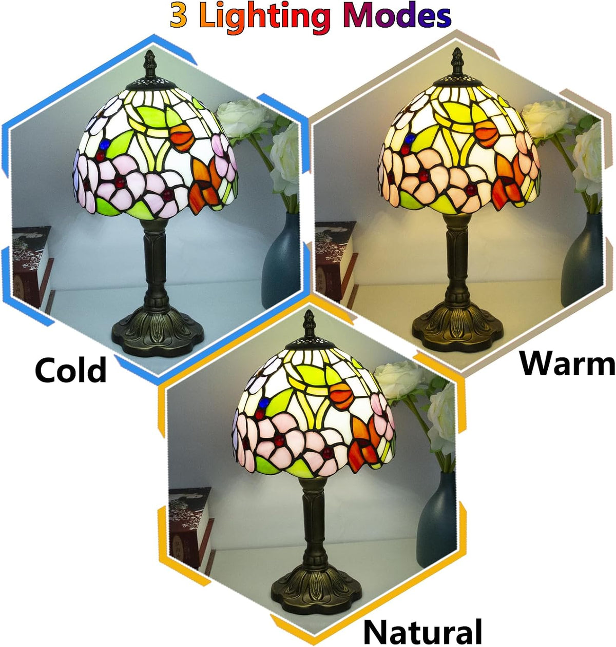 Small Tiffany Style Stained Glass Table Lamp, 8 Inch, Flower Pattern