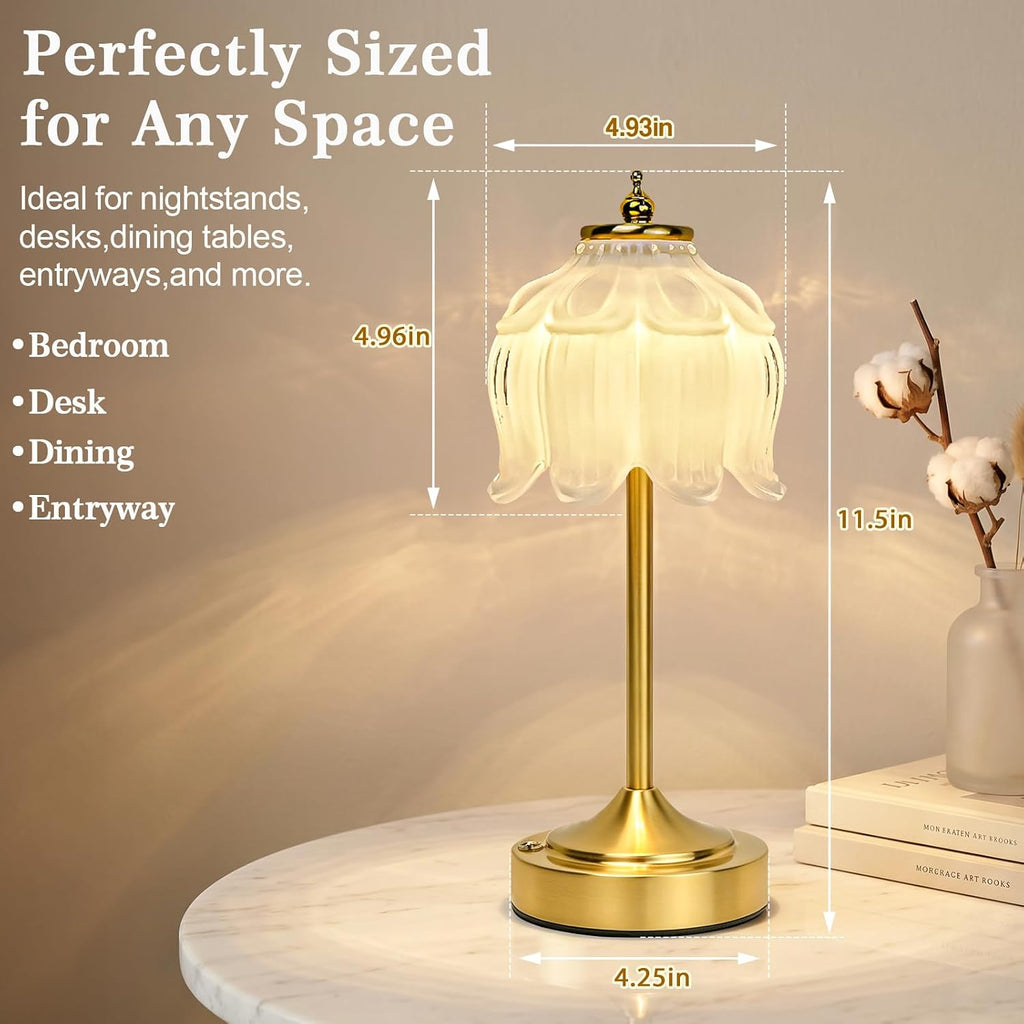 White Glass Flower Lamp, Rechargeable Cordless Table Lamp