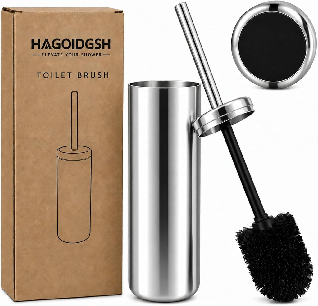 Chrome Toilet Brush and Holder Set，Extra Long Handled Toilet Bowl Brush and Holder，Stainless Steel Heavy Duty Toilet Brush for Bathroom,Deep Cleaning Modern Toilet Cleaner Slip Base