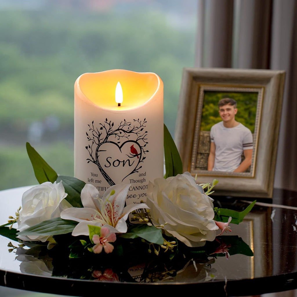 Flameless Memorial Candle for Loss of Son, Real Wax LED Light with Remote Sympathy Bereavement Gifts for Loss of Loved One Memorial Gifts for Loss of Son Remembrance Gifts (4" x 7")