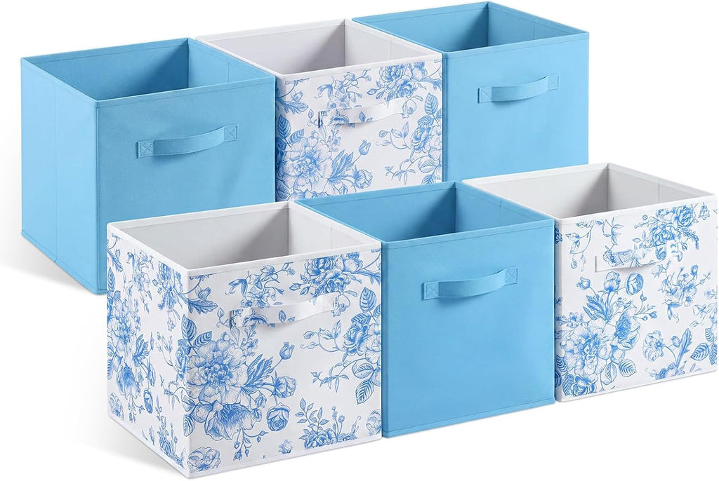 Geelin 6 Pcs Blue and Blue Floral Cube Storage Bins 11 Inch Storage Basket