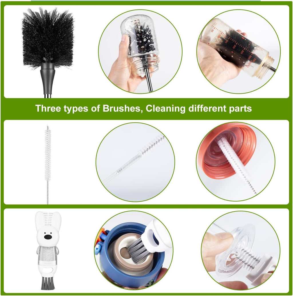 [3 Pack] Bottle Brushes, Stainless Steel Long Handle Water Bottle Scrub Cleaning Brush Set Including Straw & Lid Cleaner for Baby Bottles, Sports Cups, Coffee Mugs, Tumblers