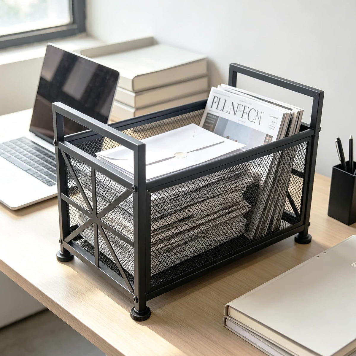 Extra Large Black Magazine Holder, Metal Magazine Rack Floor, Mesh Magazine File Holder, Magazine Storage Basket, Magazine Holders for Classroom，Magazine Stand for Desk, Folder Organizer Bin for Books