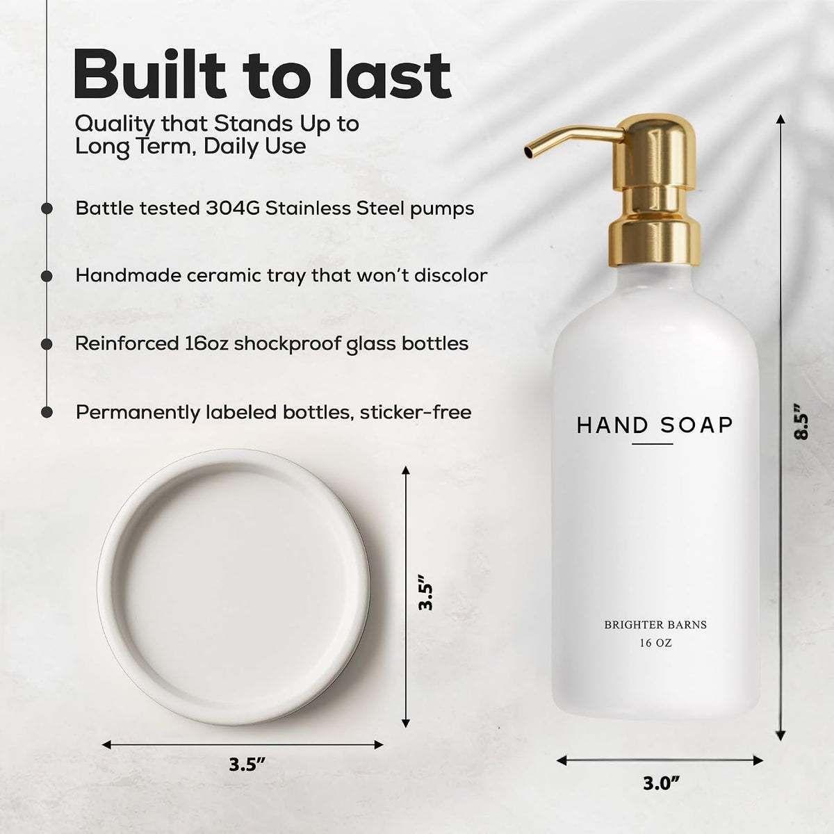 Luxury Glass Hand Soap Dispenser Bathroom Set by Brighter Barns - Hand Soap Dispenser with Stainless Steel Pump - Glass Bottle with Round Tray - White and Gold Bathroom Decor & Accessories (Gold)