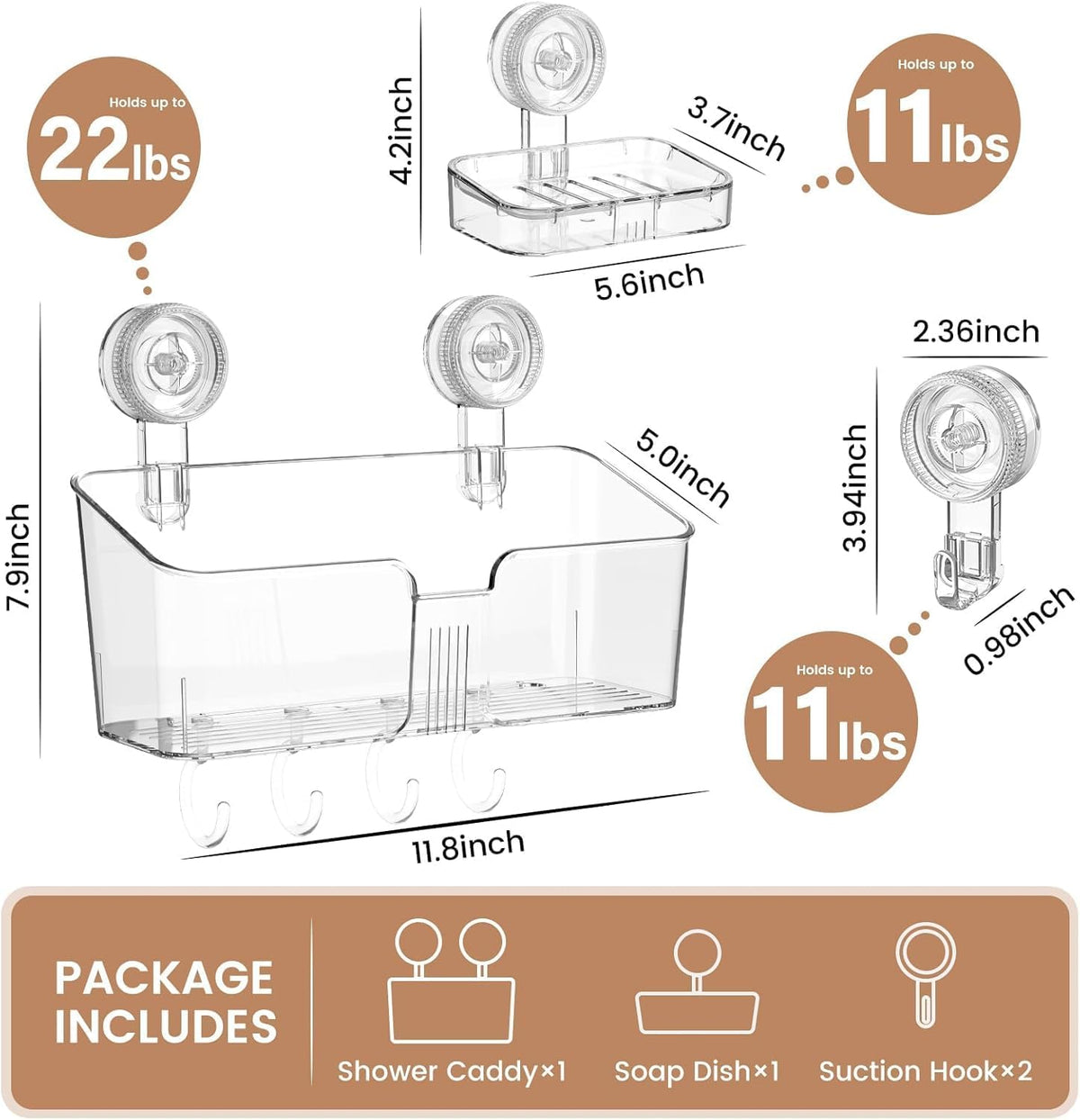 LUXEAR Suction Cup Shower Caddy Clear - 4 Set