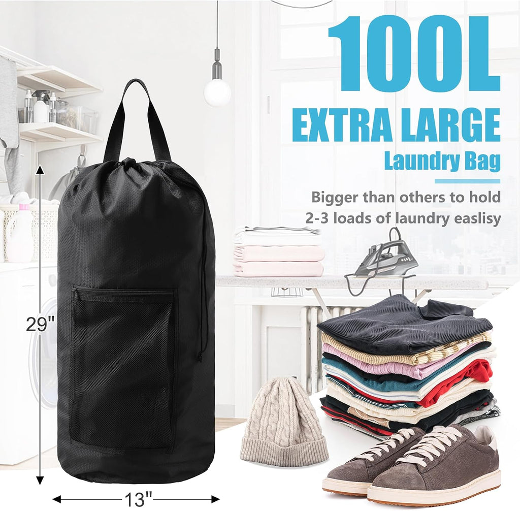 Laundry Bag Backpack,Olosar Extra Large Travel Laundry Bag with Mesh Pocket & Adjustable Shoulder Straps,Dirty Clothes Travel Bag for College Students Dorm,Apartment(Black)