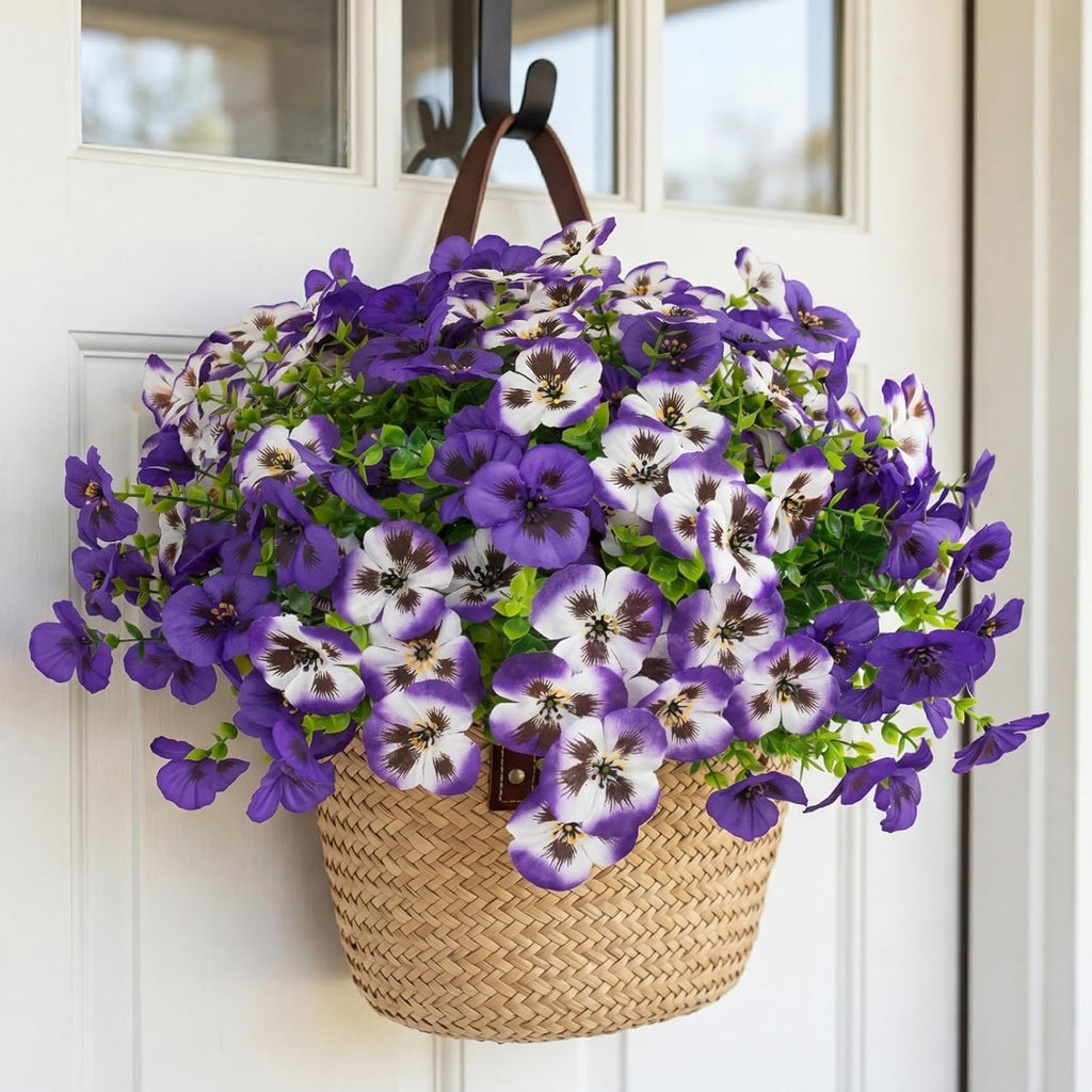 Rowfad 18 Pcs Artificial Fake Pansy Flowers for Outdoor, Faux UV Resistant Silk Pansies Flowers for Outside Planter Front Door Porch Yard Patio Window Box Home Decor (18, Lavender)