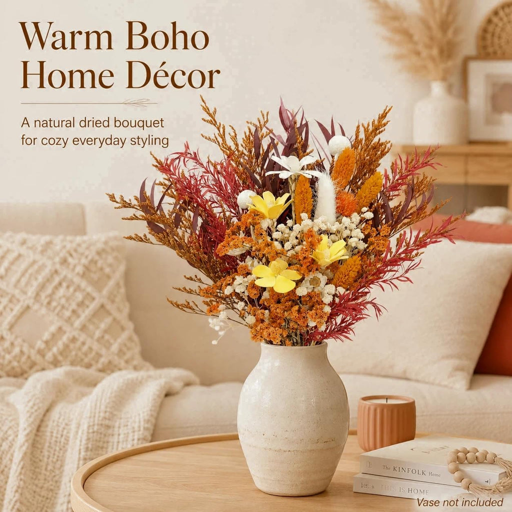 17" Dried Flower Bouquets, 100% Natural Dried Flowers with Dried Daisy,Dried Baby Breath,Eucalyptus,Orange Dried Flowers Decor for Vase Rustic Boho Home Decor,Party Fall Decor for Wedding Gift