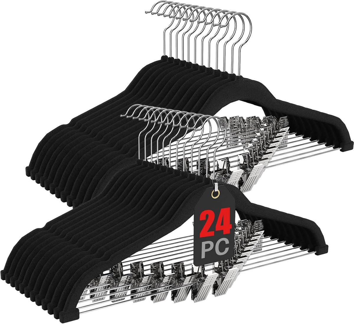 Korpai 24-Pack Black Velvet Hangers with Clips Adjustable,Outfit Hangers,Heavy-Duty,Non-Slip,Space Saving, Felt Hanger for Pants, Skirts, Suits,Coats, Dresses ect.