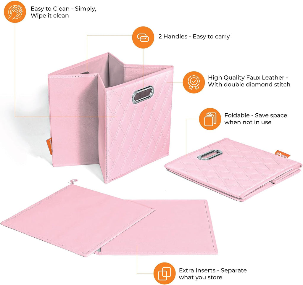 FH Group JIAessentials 11" Faux Leather Foldable Storage Cube Bins Set of 2 – Pink Diamond Patterned Organizers with Handles for Closet & Shelves