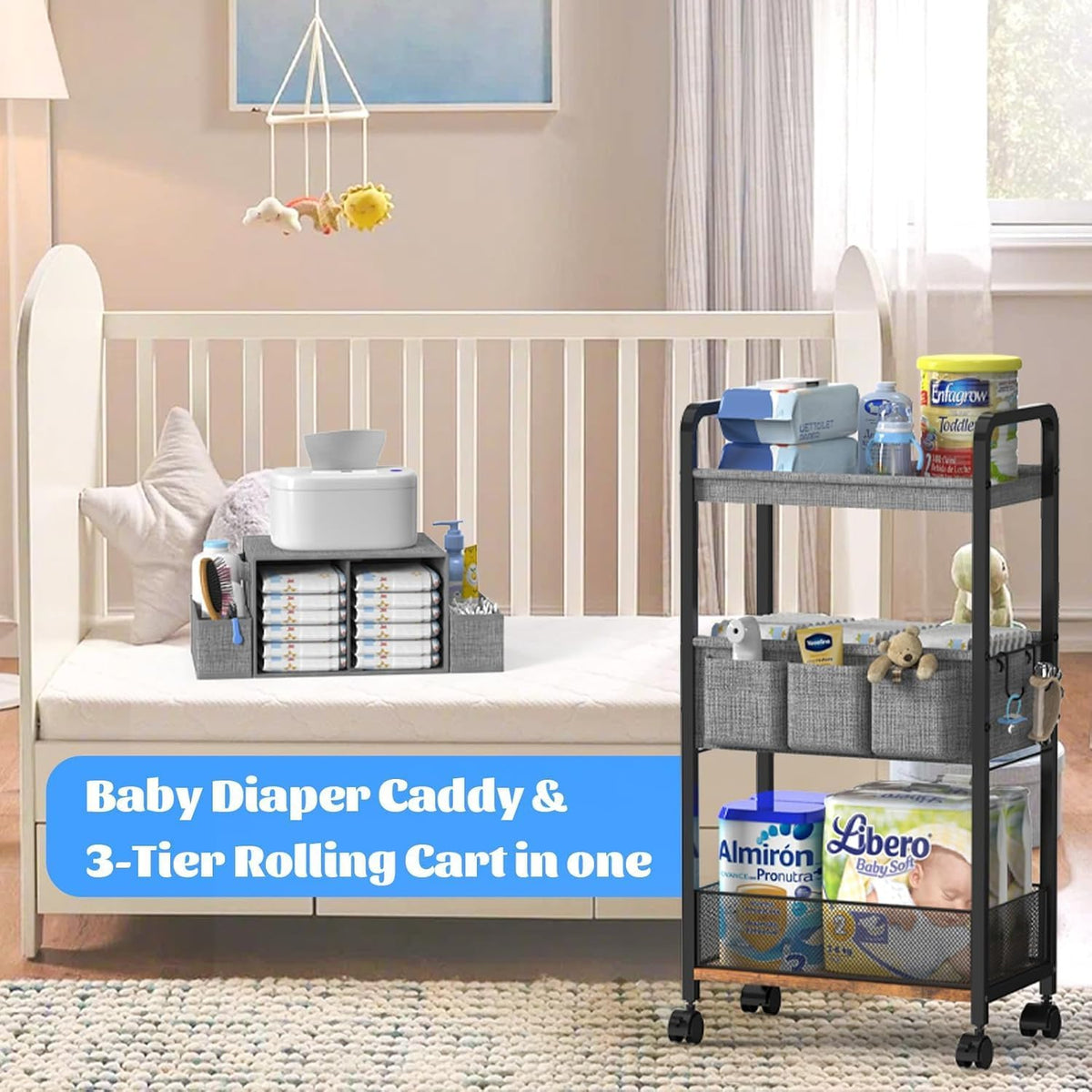 2In1 Baby Diaper Caddy & 3-Tier Rolling Diaper Cart, Caddy Organizer Cart with Dividers, Mobile Metal Bedside Carts for Baby Essentials, Rolling Carts for Newborn Nursery with Wheels, Large Capacity