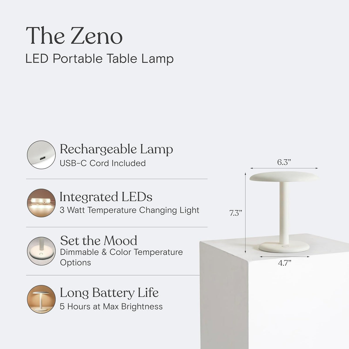 Brightech Zeno Cordless LED Table Lamp - Small 7.5in Touch Dimmable Bedroom, Side Table, End Table, Desk - Modern Rechargeable Portable Bedside, Living Room Light, Great for Outdoor, Camping - Cream