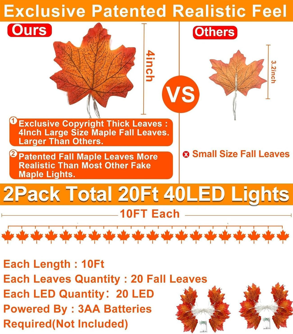 Thanksgiving Decor 2 Pack Fall Garland with Lights Enlarged Maple Leaves