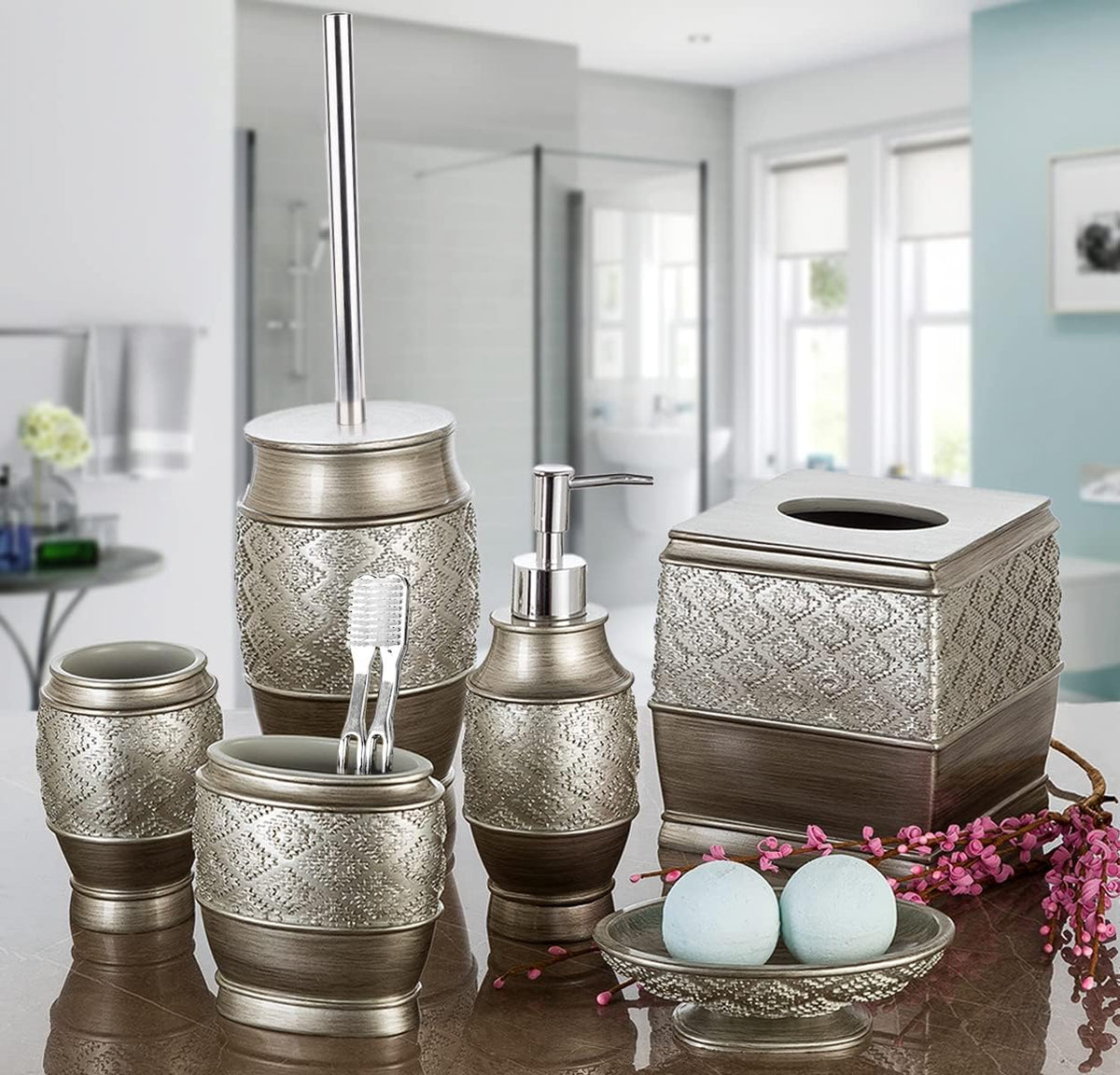 Creative Scents Dublin Silver Small Bathroom Trash Can with Lid 1.26 Gal / 4.8L - Brushed Silver Oval Garbage Can - Decorative Waste Basket for Bathroom Decor - Durable Wastebasket for Paper/Diaper