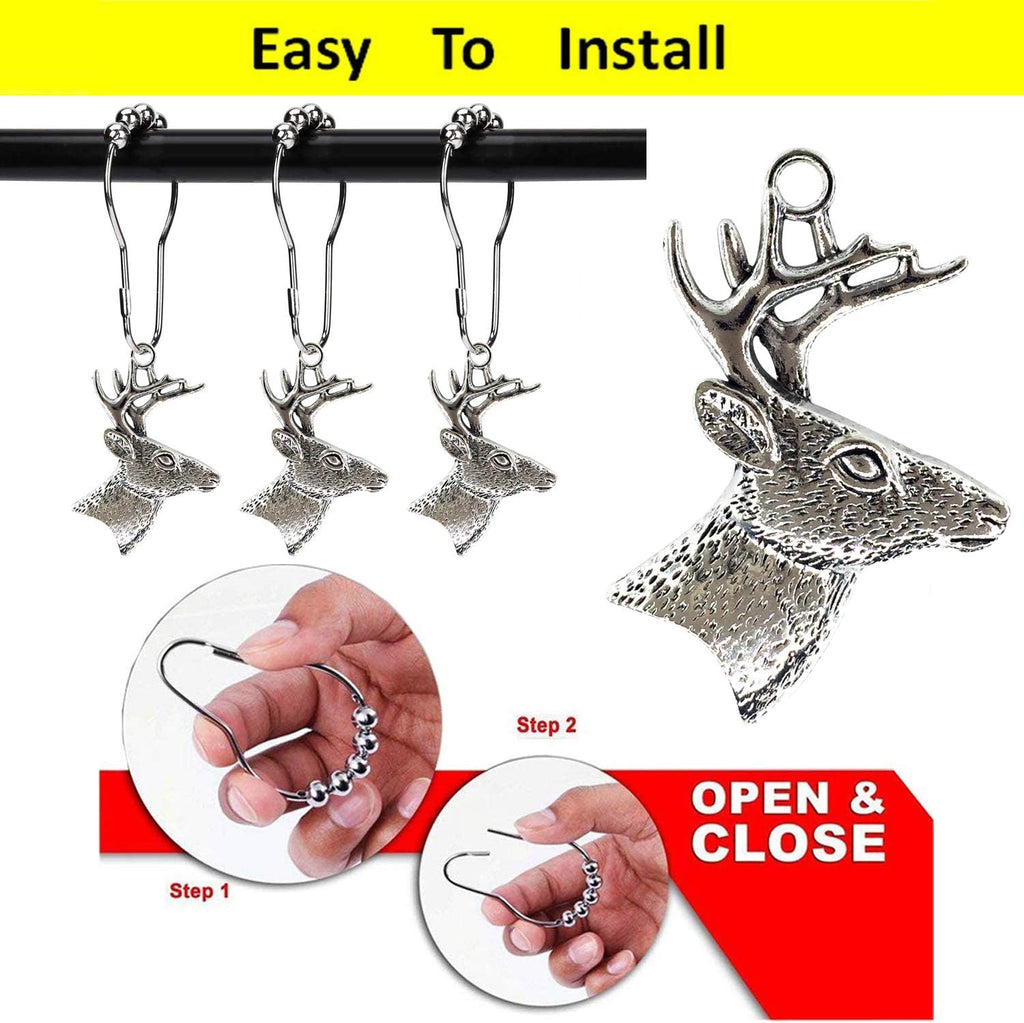 Set of 12 Deer Shower Curtain Hooks Rings Rustic Cabin Bath Christmas Theme Decoration Reindeer Antlers Stag Woodland Stainless Steel Rustproof (Silver)