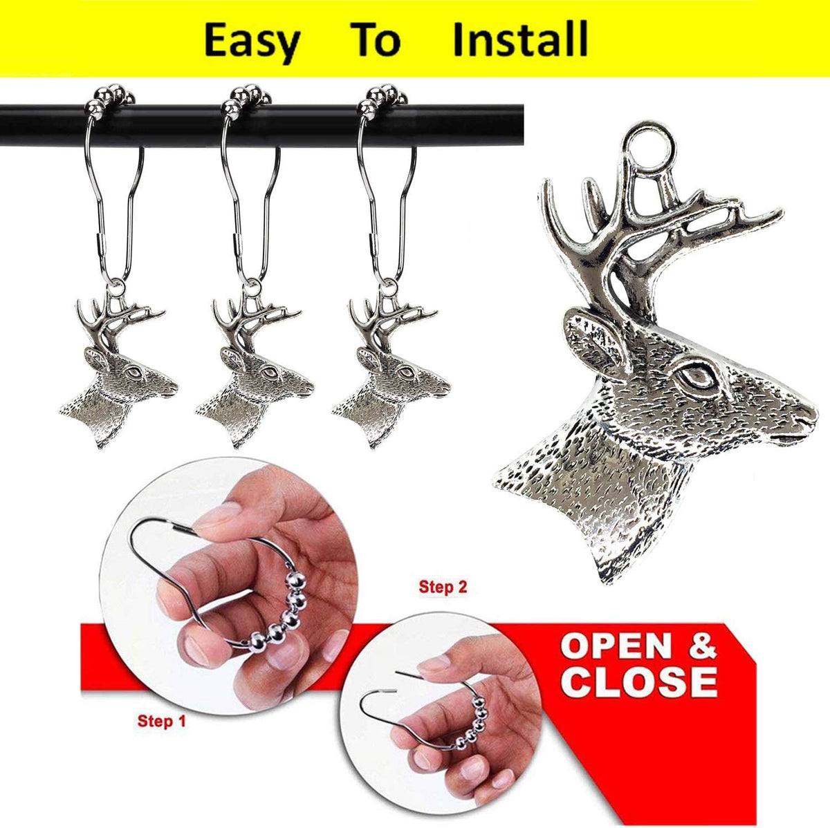 Set of 12 Deer Shower Curtain Hooks Rings Rustic Cabin Bath Christmas Theme Decoration Reindeer Antlers Stag Woodland Stainless Steel Rustproof (Silver)
