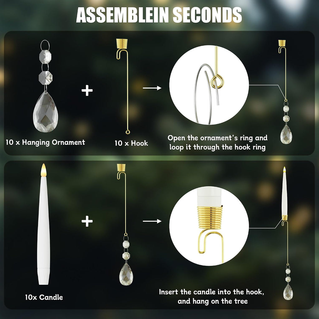Christmas Tree Candles Battery Operated with Remote, Clip on Candles with Clear Waterdrop Ornaments & Hooks for XMAS Tree, Flickering LED Candlesticks for Winter New Year Home Party Decor, 10 Pcs