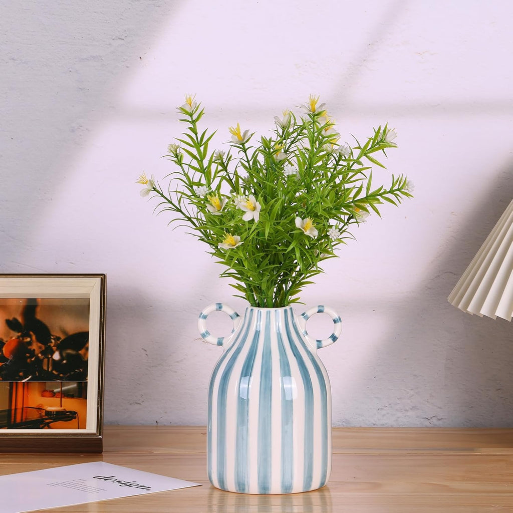 Green and White Ceramic Vase with Handle, Nordic Boho Small Vases Side Table Flower Centerpiece, Wide Mouth Single Flower Vase Pampas Grass Decorative - for Home Window Sill Living Dining Room Kitchen