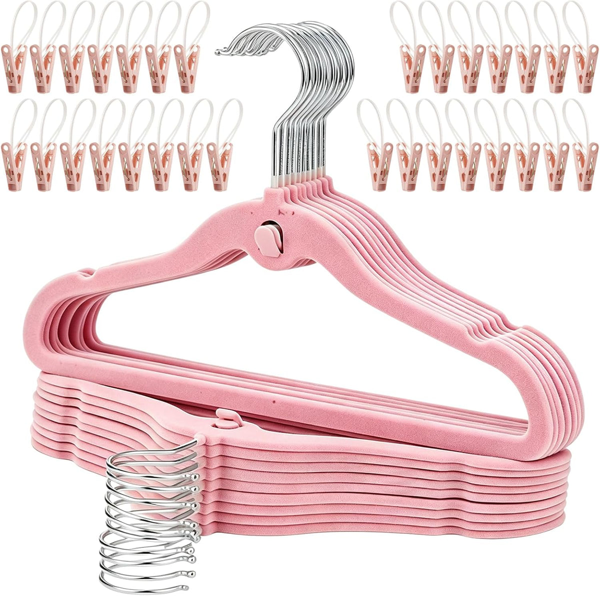 Velvet Clothes Hangers 50 Pack, 11.8" Non-Slip Flocked Garment Hangers with 30 Hanging Clips, Space Saving Small Size Clothing Hangers for Closet, Dresses, Tops, Pants,(Pink)