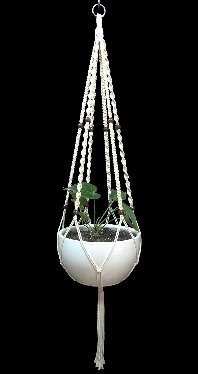 Plant Hanger Macrame Cotton 6 Legs 51 Inches in Tan and Green Color for Indoor Outdoor, Living Room, Kitchen, Deck, Patio, High and Low Ceiling with Size of 10-12 inches Without THE Pot (Cream)