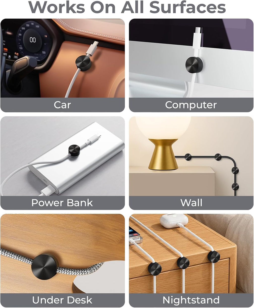 Maveek Magnetic Cable Holder, Metal Finish Cord Clips for Desk Setup, Black