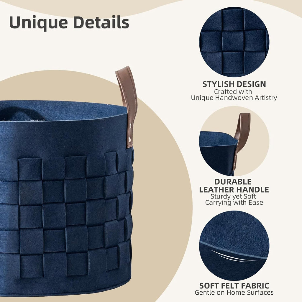 BOLDMONKEY Blankets Basket 15" x15 " x13 " 2 Pack, Felt Storage Baskets for Organizing Round, Living Room Dog Toy Bin for Dirty Clothes, Pillows, Towel-Navy Blue