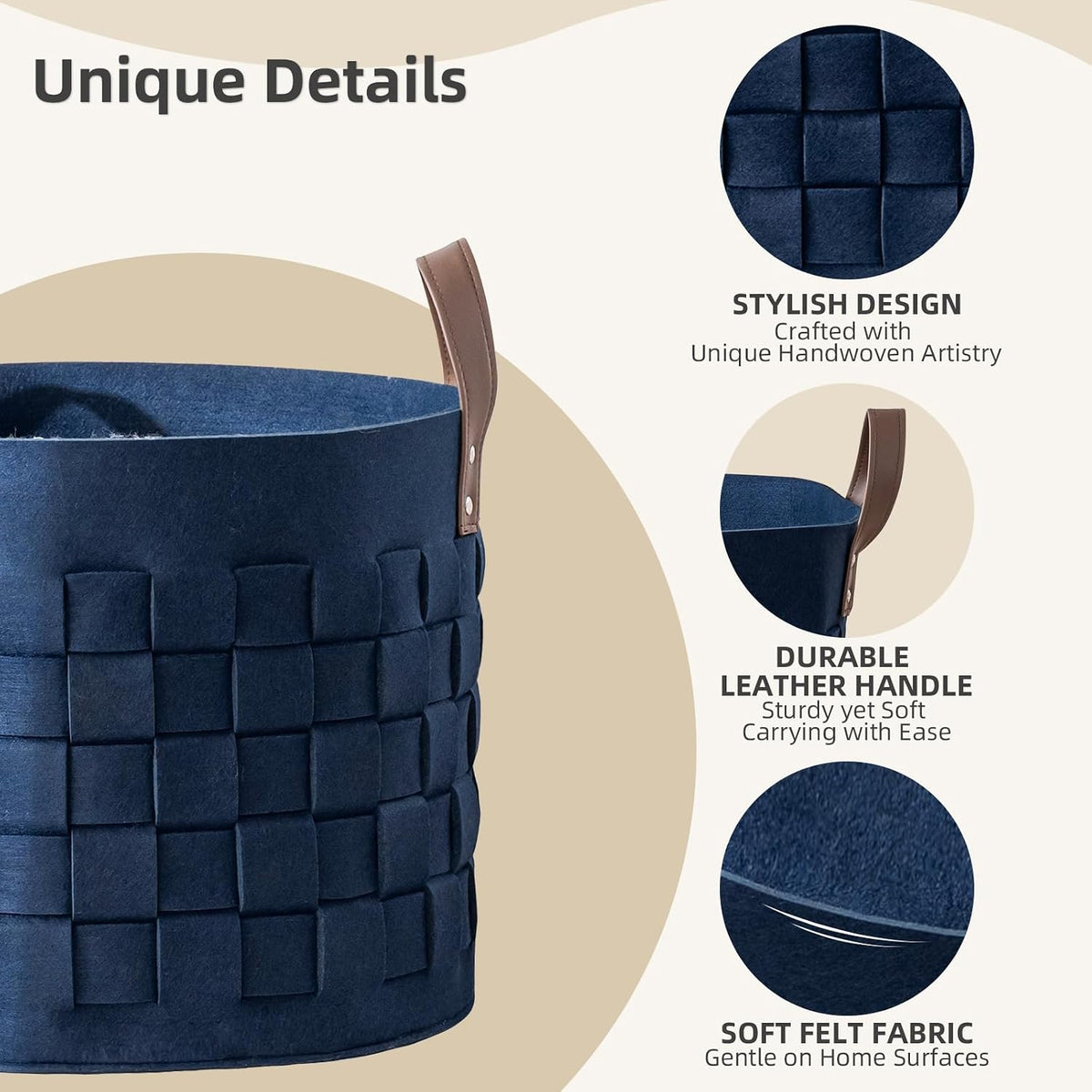 BOLDMONKEY Blankets Basket 15" x15 " x13 " 2 Pack, Felt Storage Baskets for Organizing Round, Living Room Dog Toy Bin for Dirty Clothes, Pillows, Towel-Navy Blue