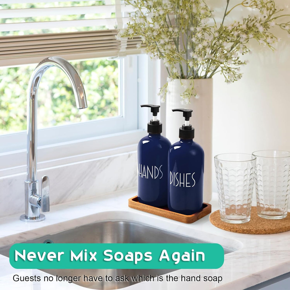 Navy Blue Dish Soap Dispenser for Kitchen - 16 OZ Hand Soap Dispenser Set with Acacia Wood Tray - Blue Kitchen Bathroom Home Decor and Accessories